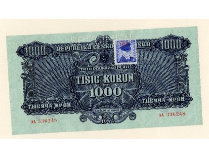 Československo – 1000 korun 1944, poukázka, série AA,  SPECIMEN + kolek 1945
