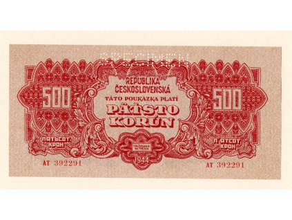 Československo – 500 korun 1944 S. AT, perforace „SPECIMEN“