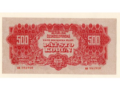 Československo – 500 korun 1944 S. AB, perforace 2x „SPECIMEN“