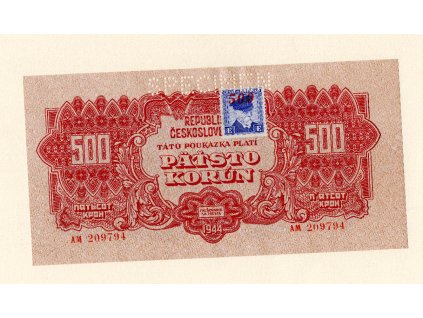 Československo – 500 korun 1944 Kolek S. AM, perforace „SPECIMEN“