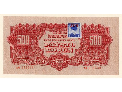 Československo – 500 korun 1944 Kolek S. AM, perforace 2x„SPECIMEN“