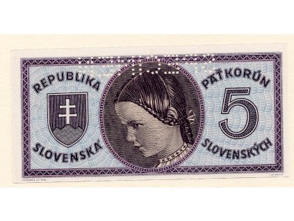 Slovensko – 5 koruna b.d. (1945) s D 26, perforace 1× SPECIMEN