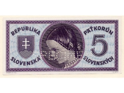 Slovensko – 5 koruna b.d. (1945) s D 02, perforace 1× SPECIMEN