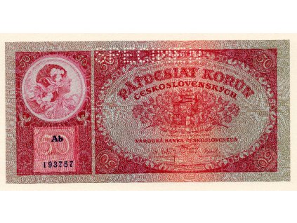 Československo – 50 korun 1929 S Ab, tisk TB NBČS, perforace SPECIMEN