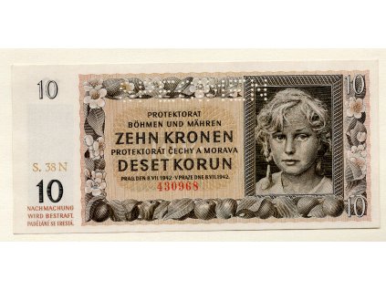 Protektorát Čechy a Morava 10 Korun 1942 S. 38 N Specimen