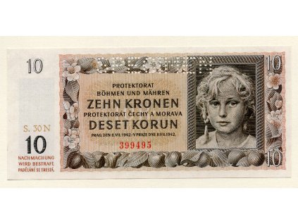 Protektorát Čechy a Morava 10 Korun 1942 S. 30 N Specimen