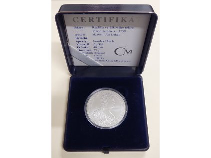 Stříbrná replika výtěžkového tolaru Marie Terezie 1758 – ražba 2003