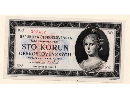 Československo – 100 korun 1945 s. B 40 perforace 3 m.d. svisle