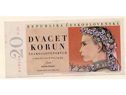 Československo – 20 korun 1949 S.B perforace 3 m.d