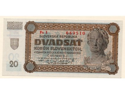 Slovenská republika – 20 korun 1942 Nízká série Fs 1 Specimen dole