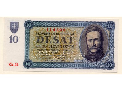 Slovenská republika 10 Korun 1943 S. Čk 31 Specimen dole