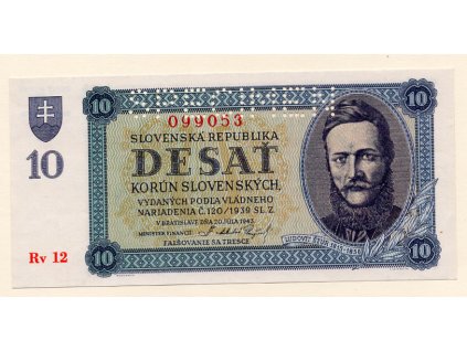 Slovenská republika 10 Korun 1943 S. Rv 12 Specimen