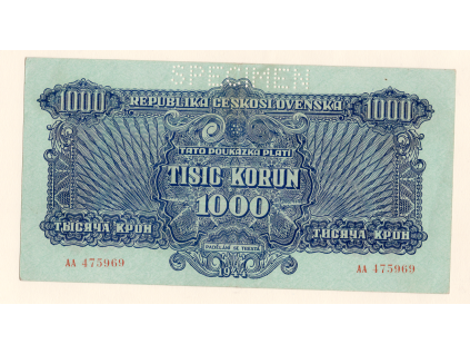 Československo – 1000 korun 1944 S. AA, perforace „SPECIMEN“