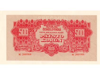 Československo – 500 korun 1944 S. AC, perforace „SPECIMEN“