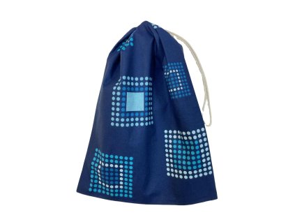 Sötét kék pamut zsák fehér pöttyös négyzet mintával és PUL béléssel, mosható környezetbarát tasak