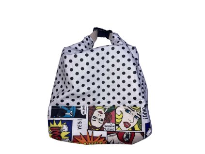 Pöttyös és képregény mintás behúzós textil zsák PUL béléssel – összecsukott állapotban