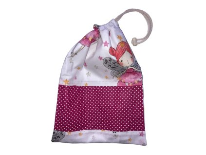 Tündéres mintás, pöttyös betéttel díszített uzsonnás zsák PUL béléssel, behúzott záródással