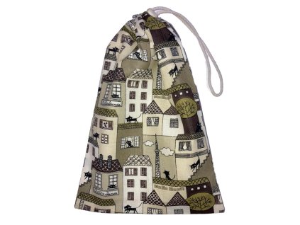 Macskás házikós mintás uzsonnás zsák behúzóval, álló nézet