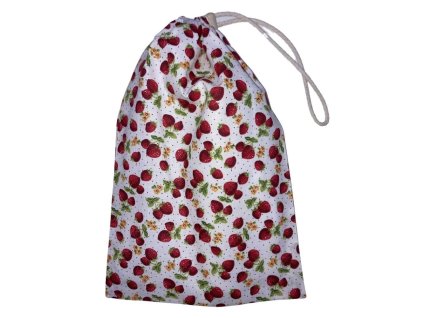 Uzsonnás zsák epres mintával, fehér alapon, behúzóval