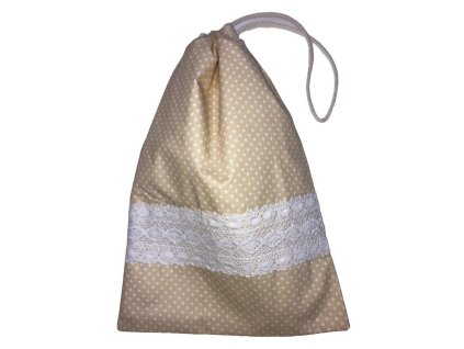 Uzsonnás zsák bézs alapon fehér pöttyökkel és csipkedíszítéssel, behúzózáras