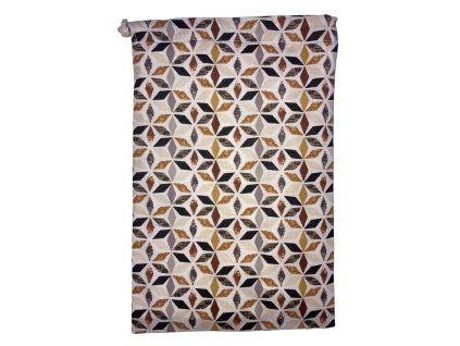 Geometriai mintás bézs barna uzsonnás pamut zsák, kiterítve elölről