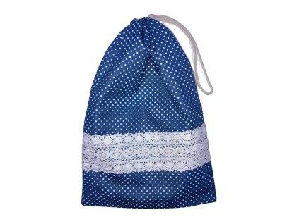 Kék pöttyös uzsonnás pamut zsák fehér csipkebetéttel, kiterítve elölről