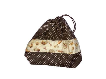 Kis cipószsák barna pöttyös mintával és pékáru mintás betéttel, behúzózárral