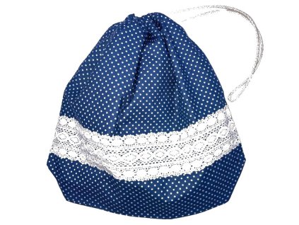 Kis cipószsák kék alapon pöttyös mintával és csipkebetéttel, behúzózárral