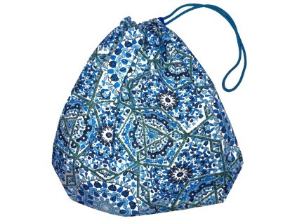 Kék mozaikos mintás kis cipószsák behúzózárral, oldalról