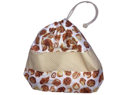 Kis cipószsák péksütemény mintával és bézs pöttyös betéttel, behúzózsinórral