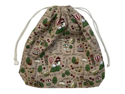 Nagy cipós zsák bézs alapon mesevilág mintával, behúzózárral