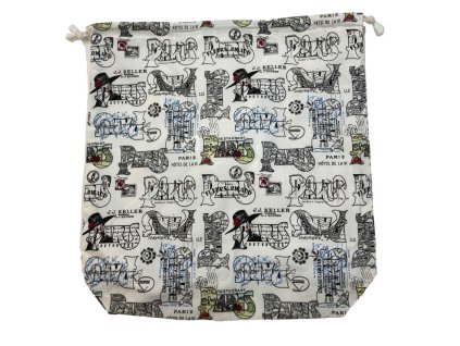 Cipós zsák fehér alapon fekete Párizs mintával, behúzózsinórral