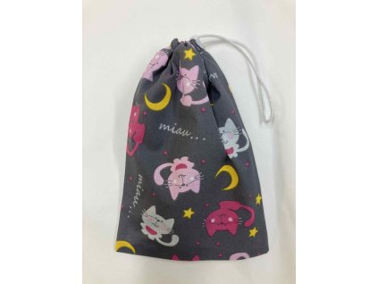 Vidám uzsonnás zsák rózsaszín és szürke cicákkal, behúzózsinórral