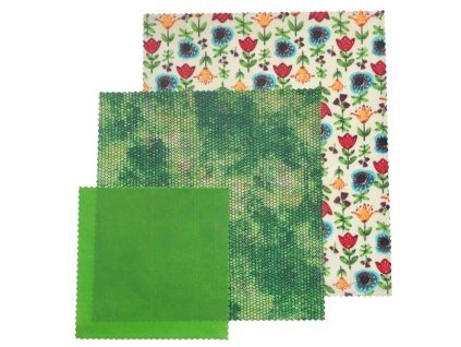 Méhviaszos kendő szett zöld és virágmintás három darabbal