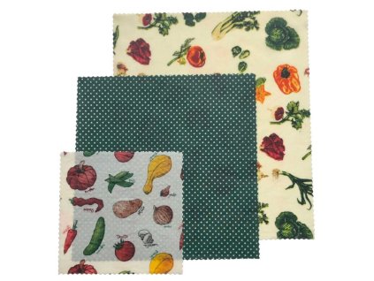 Háromrészes méhviaszos kendő szett pöttyös és zöldséges mintákkal