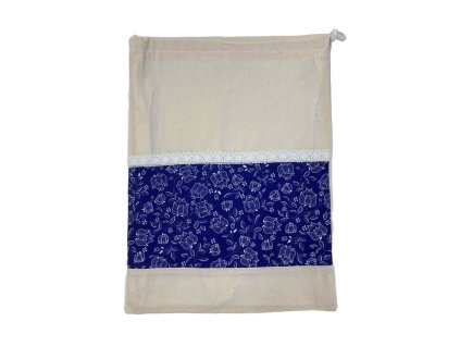 Behúzós kenyereszsák kék tulipán mintával kiterítve