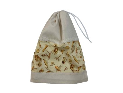 Behúzós kenyeres zsák péksütemény mintával, behúzott állapotban