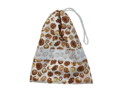 Kenyeres zsák pékáru mintás textillel és fehér csipkedíszítéssel