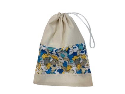 Behúzós zsák cicás mintával kék sárga színvilágban hátulnézet