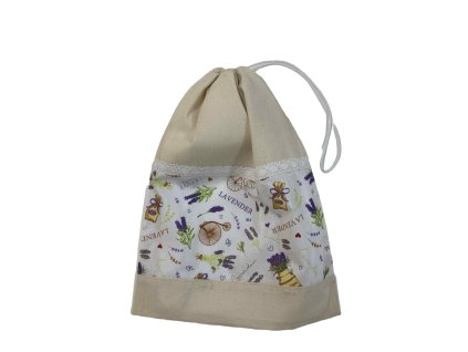 Behúzós zsák levendulás mintával behúzott állapotban