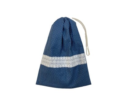 Natúr pamut és kék virágmintás csipkés zsák PUL béléssel, kézműves környezetbarát tároló