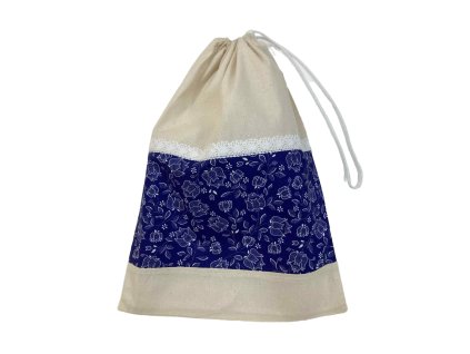 Kék tulipán mintás behúzós kenyereszsák zsinórral összehúzva