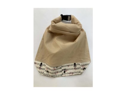 zenei mintás frissentartó kenyereszsák bézs pöttyös felsőrésszel és roll-top csattal