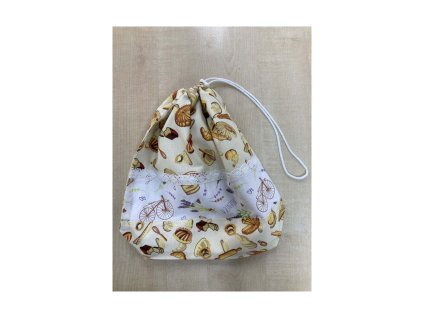 Kiscipós pamut zsák levendulás és pékárus mintával, csipkeszegéllyel, összehúzható zsinórral – elölnézeti fotó