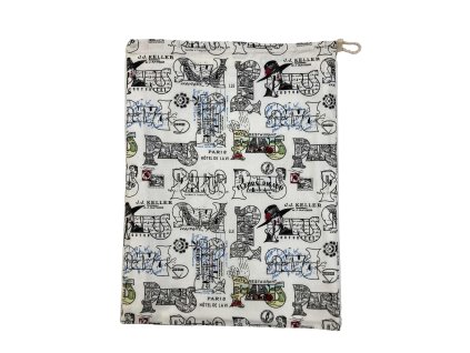 Paris mintás pamut zsák PUL béléssel, fehér alapon fekete feliratokkal, stílusos tároló tasak