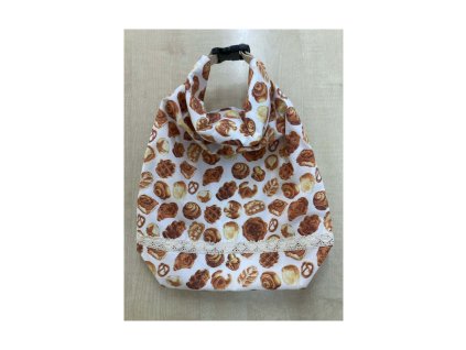 Csatos kenyérzsák sütis mintával és csipkés szegéllyel, 30×40 cm