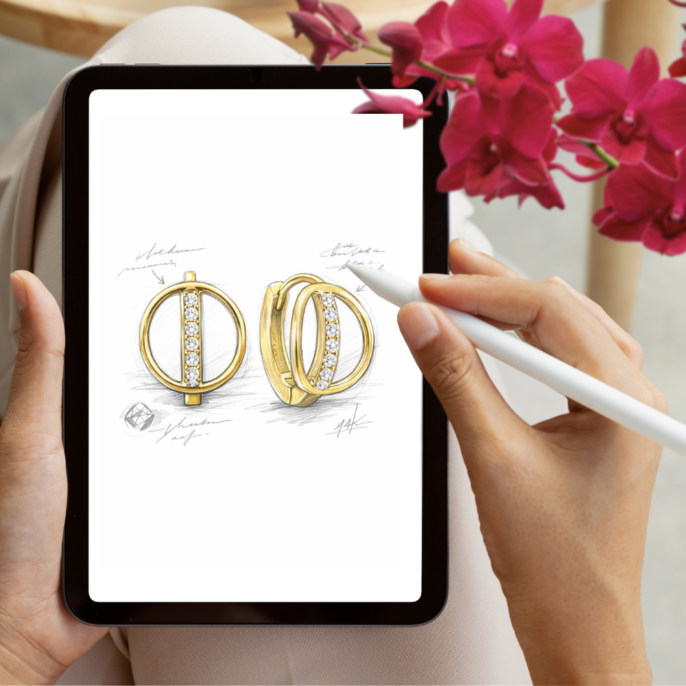Návrh zlatých náušnic MINET se zirkony na tabletu – design šperků