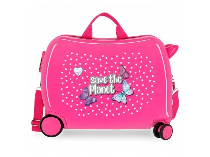 Dětský kufřík na kolečkách, odrážedlo růžový s motýlky 01