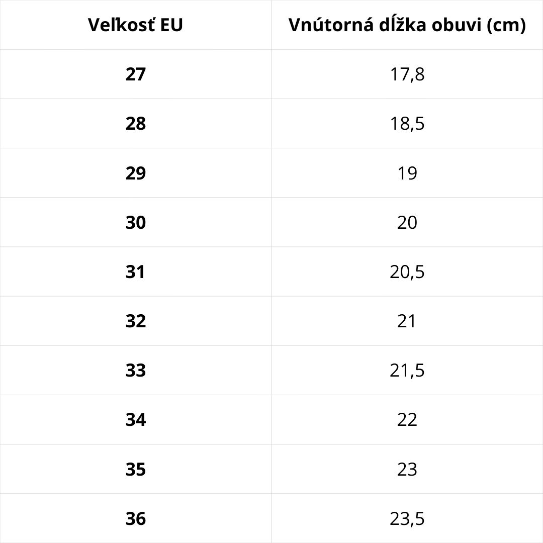 Veľkostná tabuľka D.D.Step – podrážka Protetika Standard