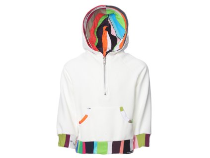 Luxusní dětská mikina bílá s barevnými lemy patchwork sportovní mikina s klokánkem, na zip s kapucí Španělský design K 19085